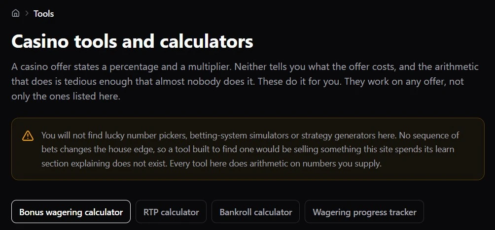 GetABonus tools page listing the bonus, RTP, bankroll and wagering tracker calculators GetABonus tools page listing the bonus, RTP, bankroll and wagering tracker calculators