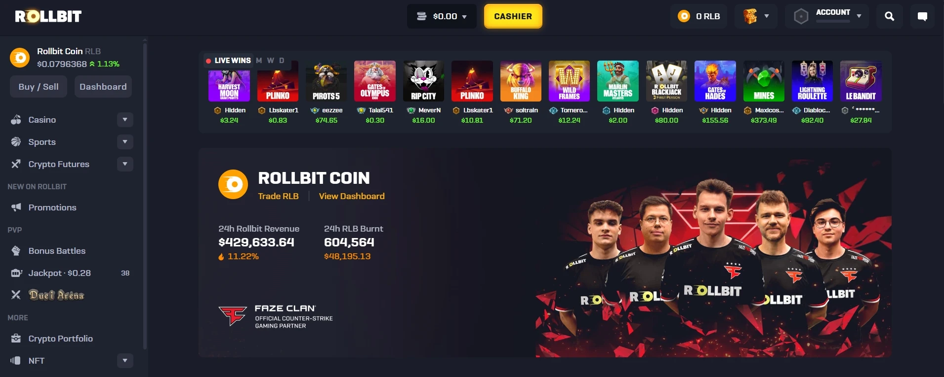 Rollbit homepage with live wins strip and Rollbit Coin revenue panel