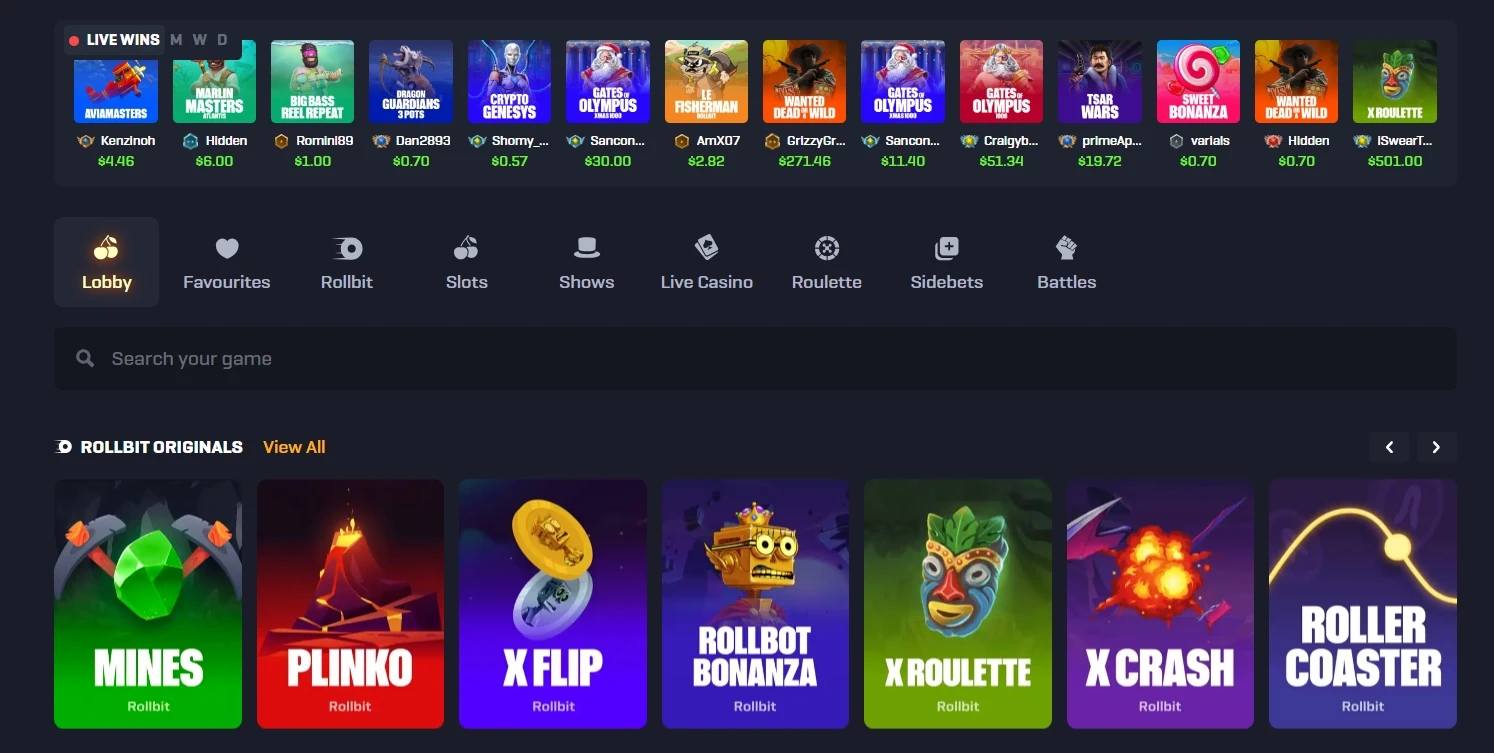 Rollbit casino lobby with format tabs, search field and Rollbit Originals row