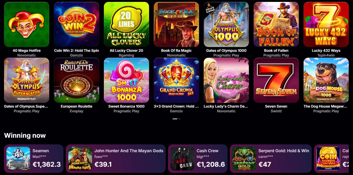 NV Casino slots lobby with game tiles and a live winners ticker NV Casino slots lobby with game tiles and a live winners ticker