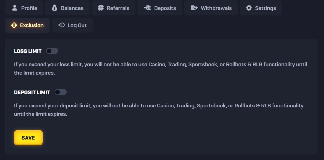 Rollbit exclusion page with loss limit and deposit limit toggles