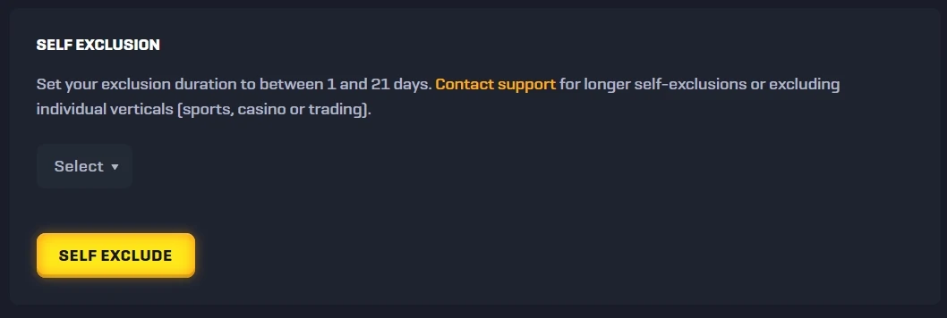 Rollbit self-exclusion panel with 1 to 21 day duration selector