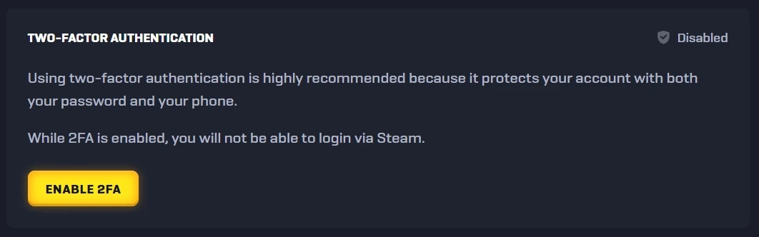Rollbit two-factor authentication panel showing disabled status and enable button