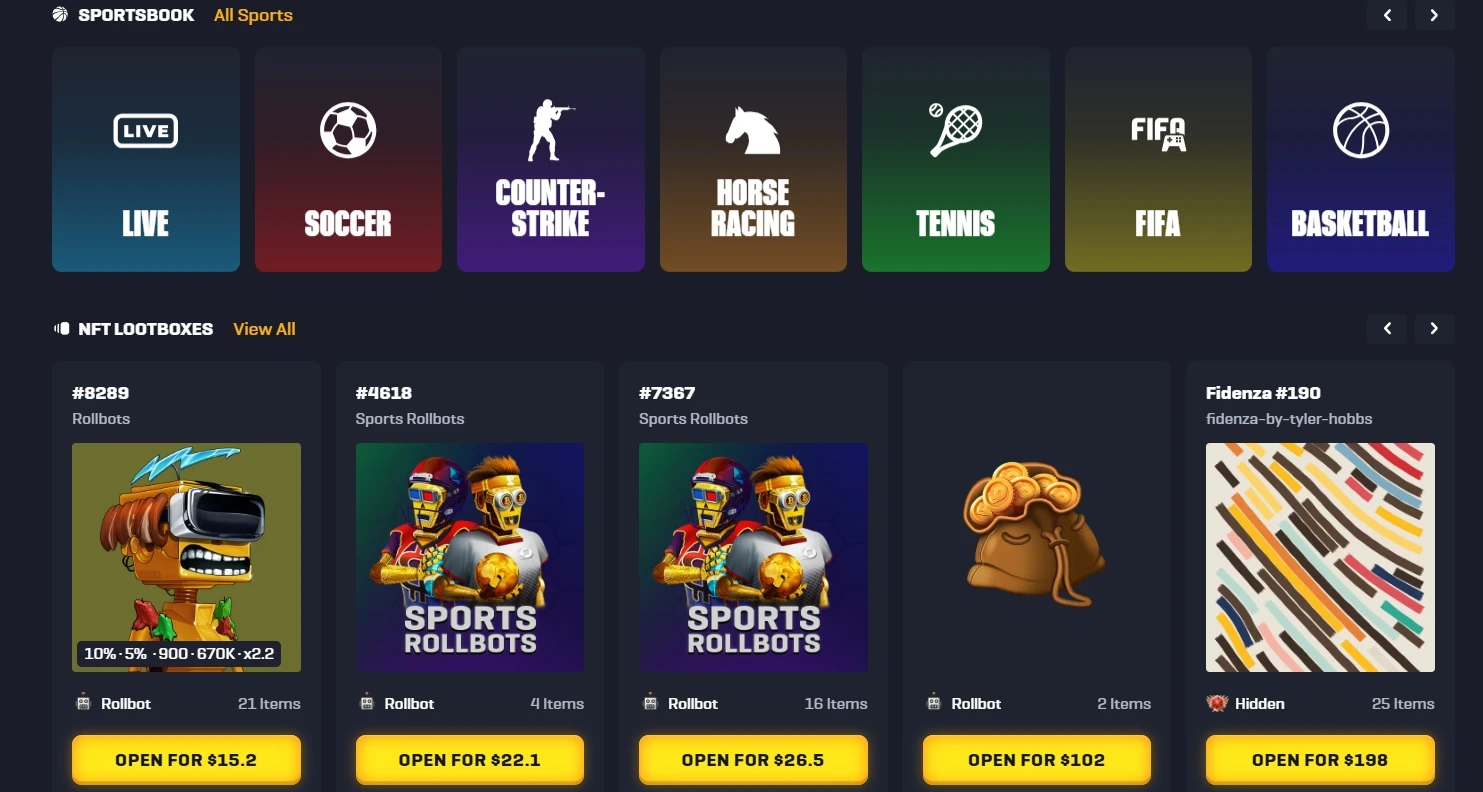 Rollbit sportsbook category tiles including Counter-Strike and horse racing