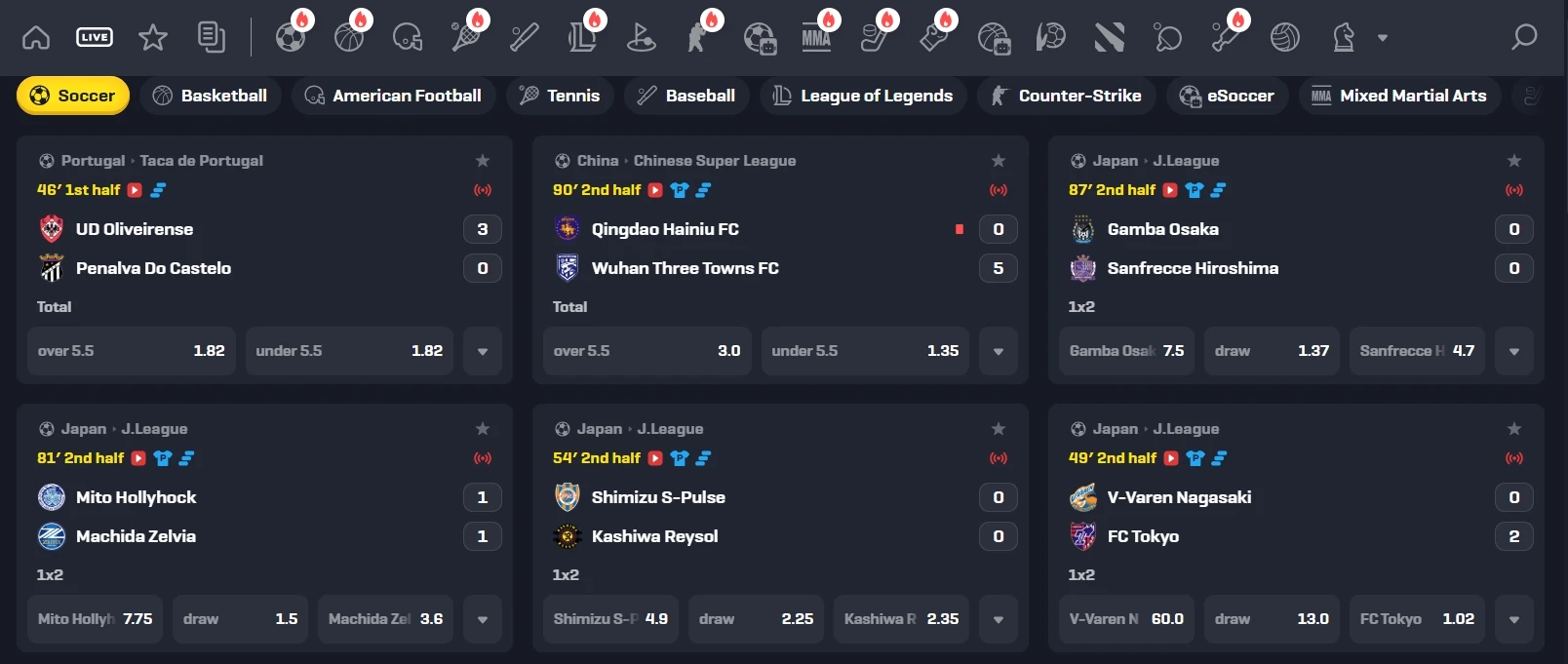 Rollbit live soccer board with 1x2 and totals markets in decimal odds