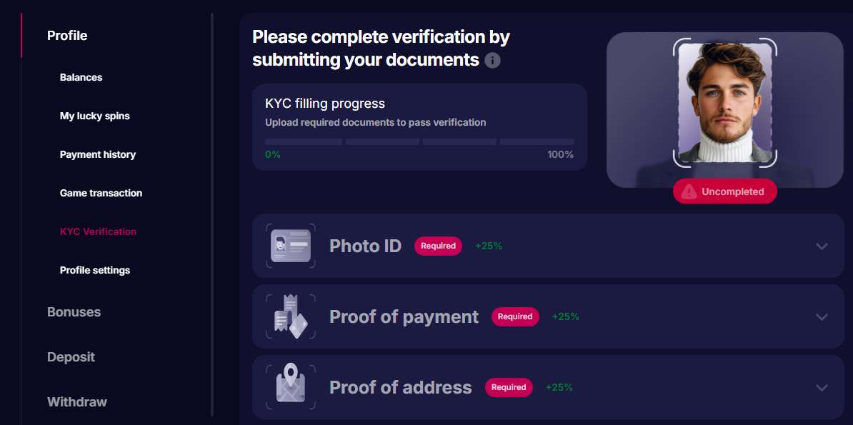 NV Casino KYC verification page showing required documents and progress bar NV Casino KYC verification page showing required documents and progress bar