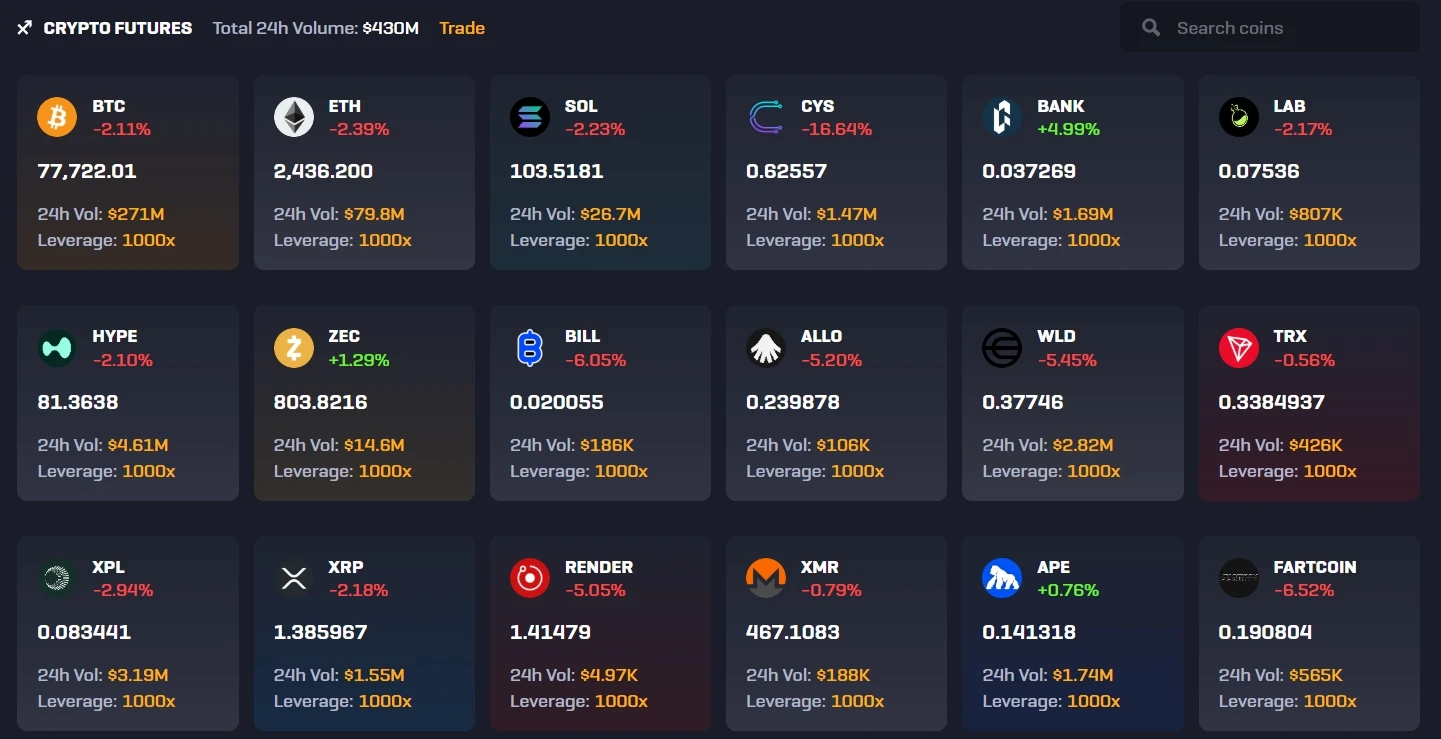 Rollbit Crypto Futures board showing 1000x leverage markets and 24h volumes