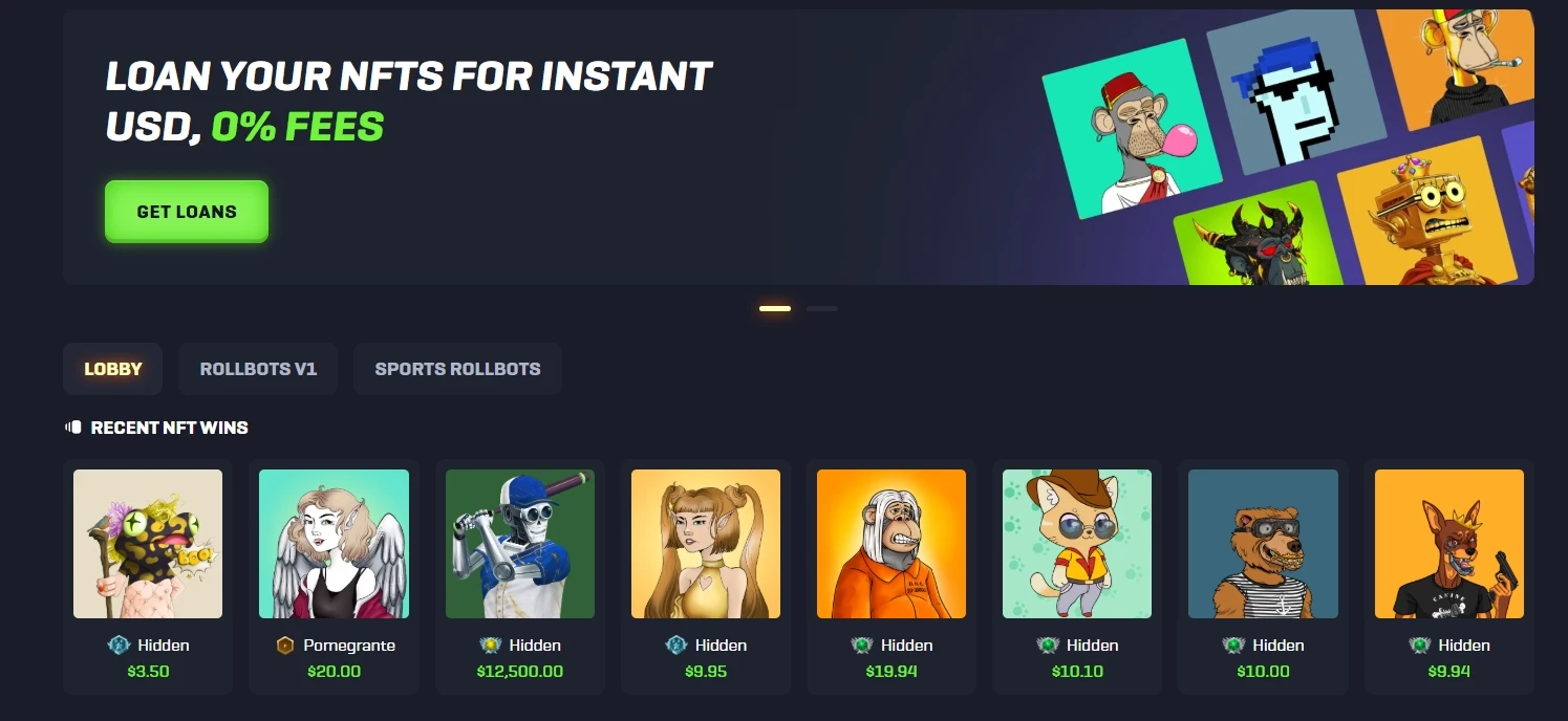 Rollbit NFT page advertising 0% fee NFT loans with recent NFT wins row
