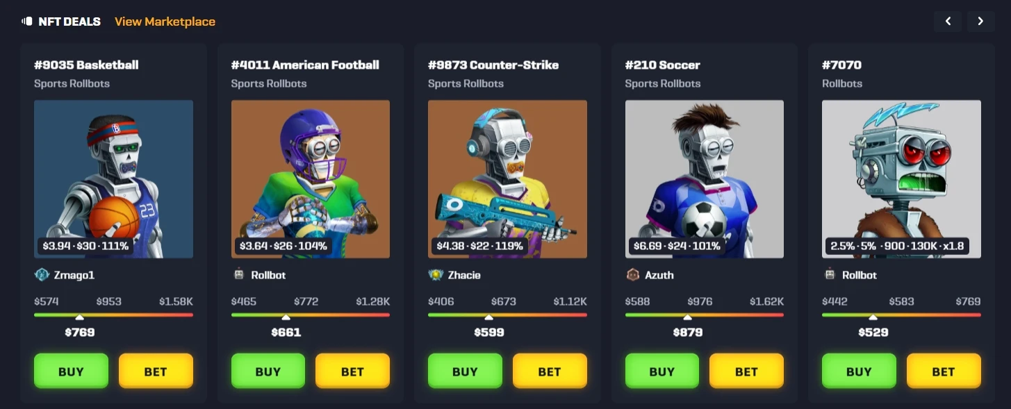 Rollbit NFT deals row with Buy and Bet buttons on each item