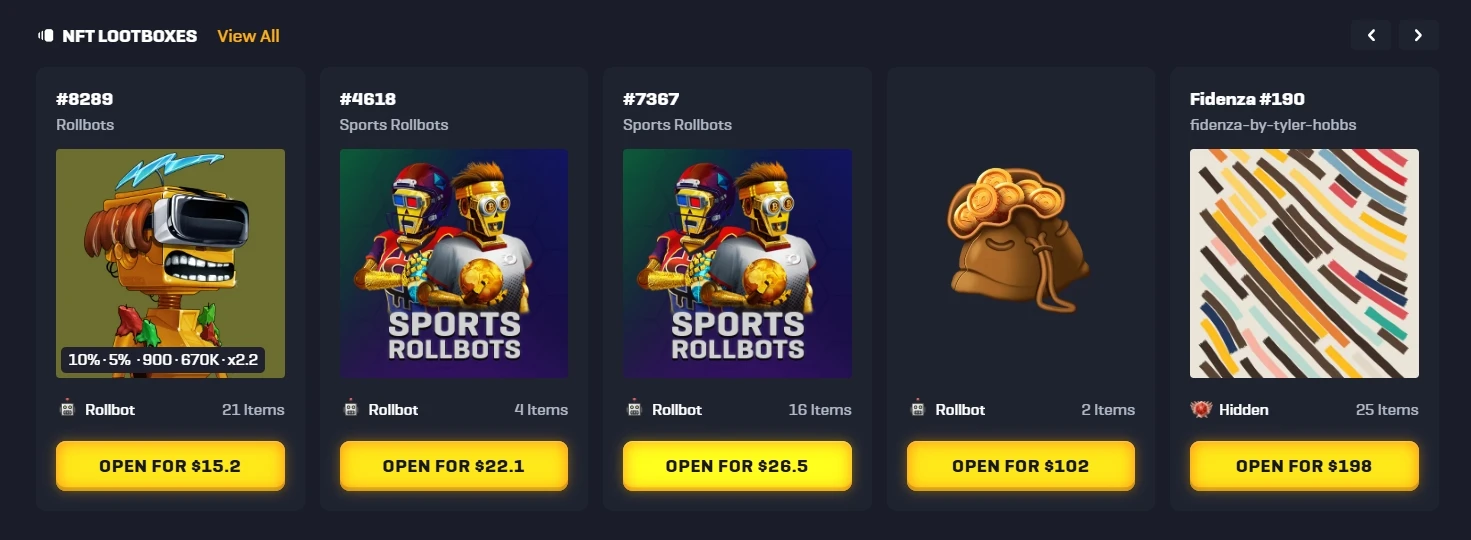 Rollbit NFT lootboxes with open prices and item counts