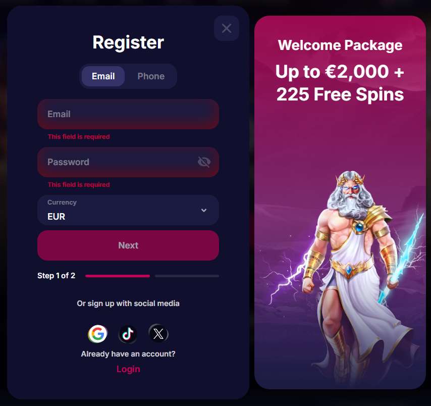 NV Casino registration form showing email, password and currency fields NV Casino registration form showing email, password and currency fields