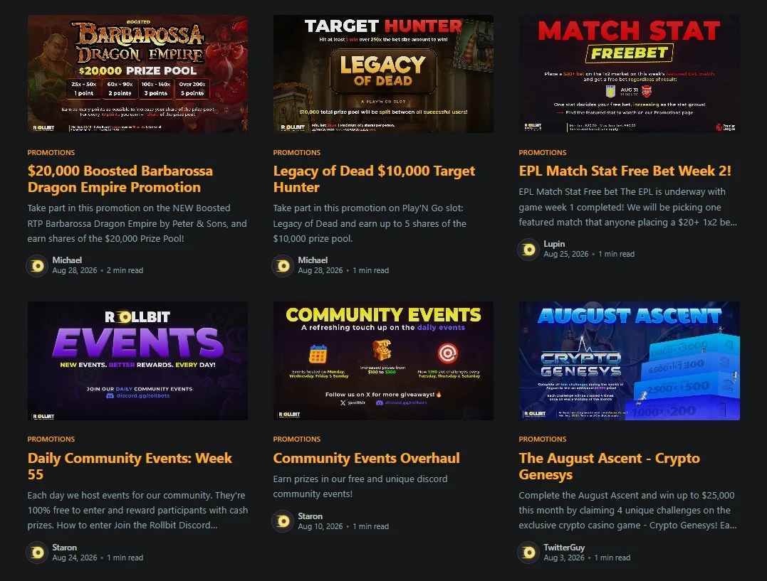 Rollbit promotions blog showing Barbarossa prize pool, Target Hunter and community events posts
