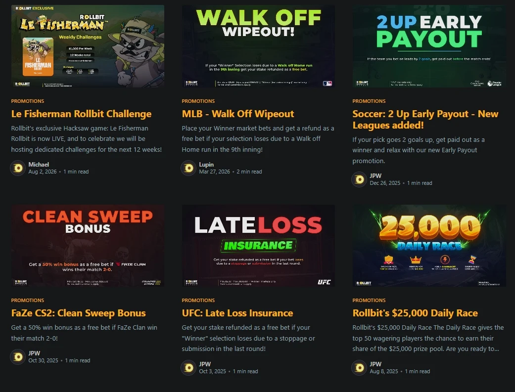 Rollbit sportsbook promotions including 2 Up Early Payout and Late Loss Insurance