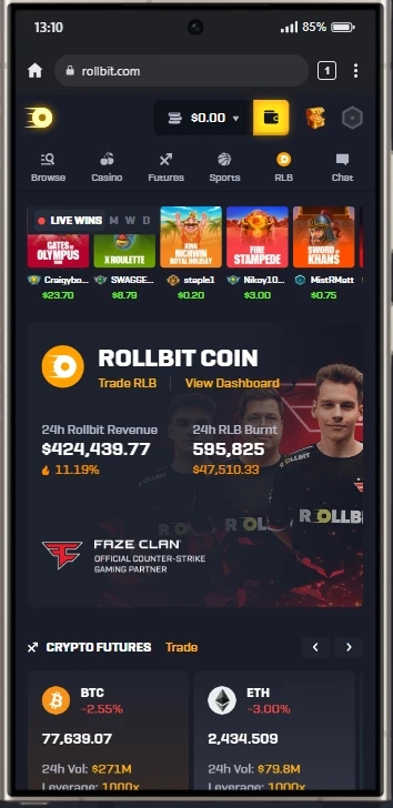 Rollbit mobile homepage with tab row, live wins and Rollbit Coin panel
