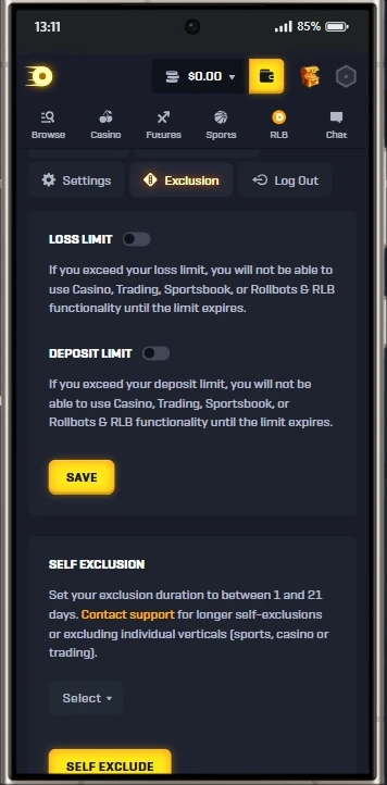 Rollbit mobile exclusion page with limit toggles and self-exclusion selector