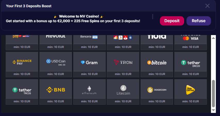 NV Casino cashier showing cryptocurrency deposit options with €10 minimums NV Casino cashier showing cryptocurrency deposit options with €10 minimums