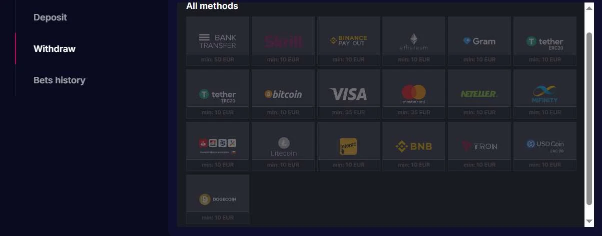 NV Casino withdrawal page showing minimum amounts by payment method NV Casino withdrawal page showing minimum amounts by payment method