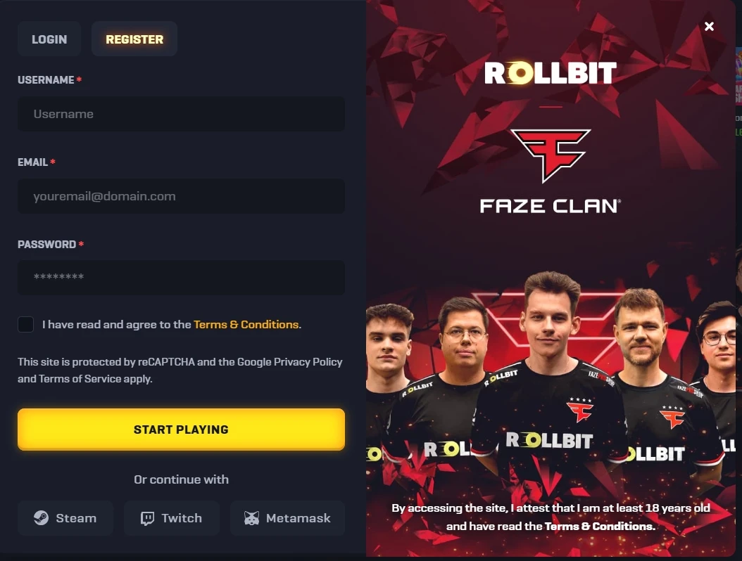 Rollbit registration form with unticked terms consent checkbox