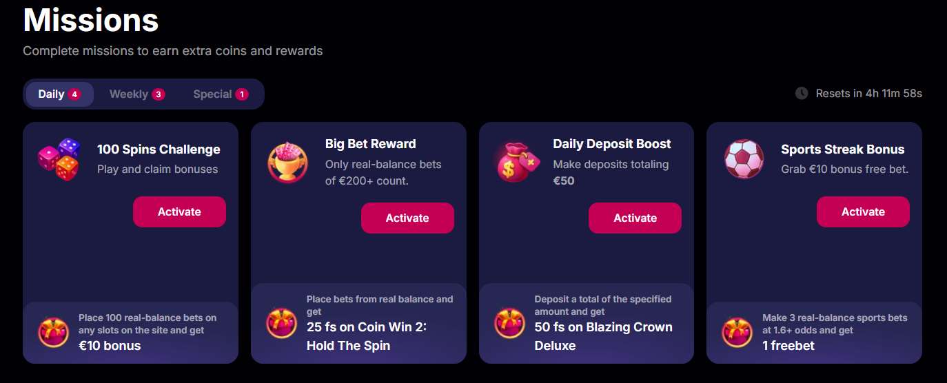 NV Casino missions page showing daily challenges and their rewards NV Casino missions page showing daily challenges and their rewards