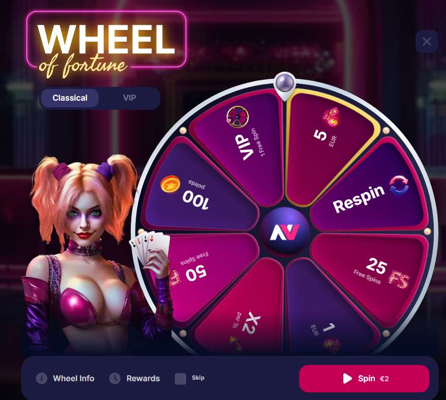NV Casino Wheel of Fortune with €2 spin cost and eight prize segments NV Casino Wheel of Fortune with €2 spin cost and eight prize segments