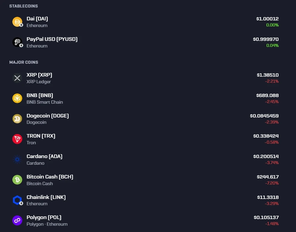 Rollbit deposit list showing stablecoins and major coins with live prices