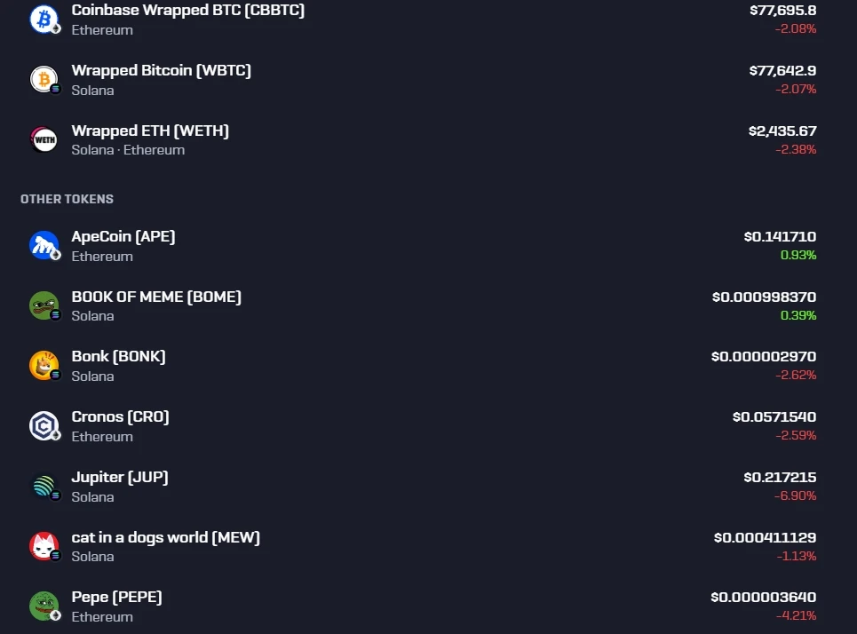 Rollbit deposit list showing wrapped assets and other tokens