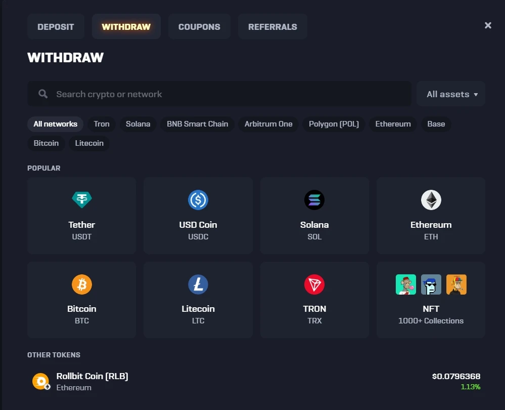 Rollbit cashier withdraw screen with the same asset list as deposit