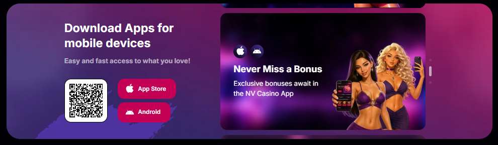 NV Casino app download section with QR code and store buttons NV Casino app download section with QR code and store buttons