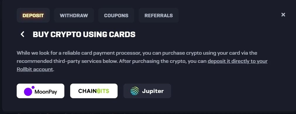 Rollbit buy crypto screen naming MoonPay, Chainbits and Jupiter